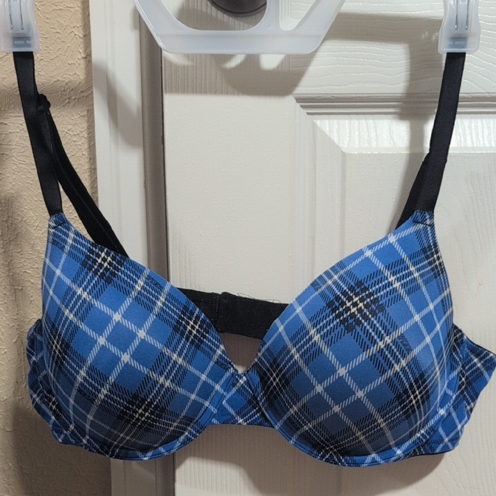 Blue and Black Plaid Underwire Bra with Molded Cups